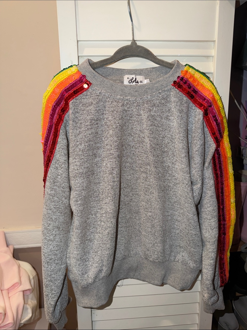 Sola Kids Gray Sweatshirt with Rainbow Sequin Shoulder Stripes